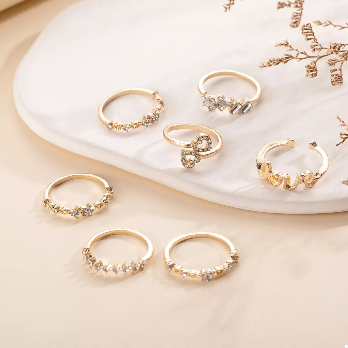 Trendsi 7 Piece 18K Gold-Plated LOVE Zircon Ring Set -