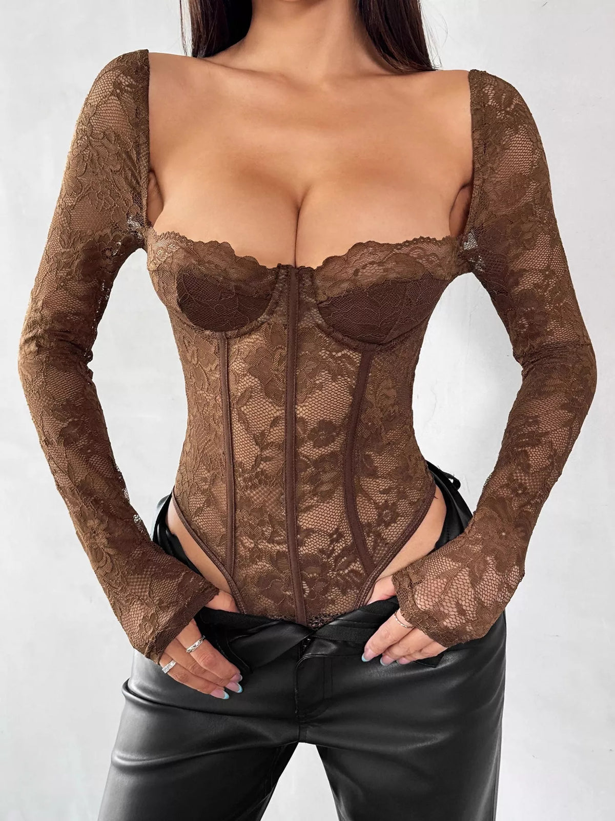 Lace Corset Sweetheart Neck Bodysuit — front view