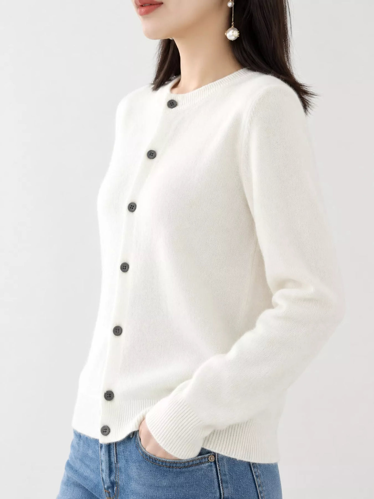 White crew neck button-front cardigan