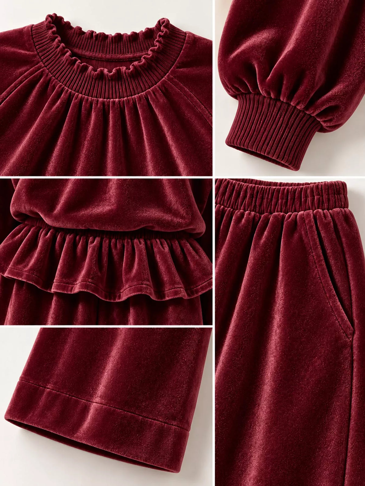 Red velvet ruffled hem top and wide-leg pants set — design and construction details