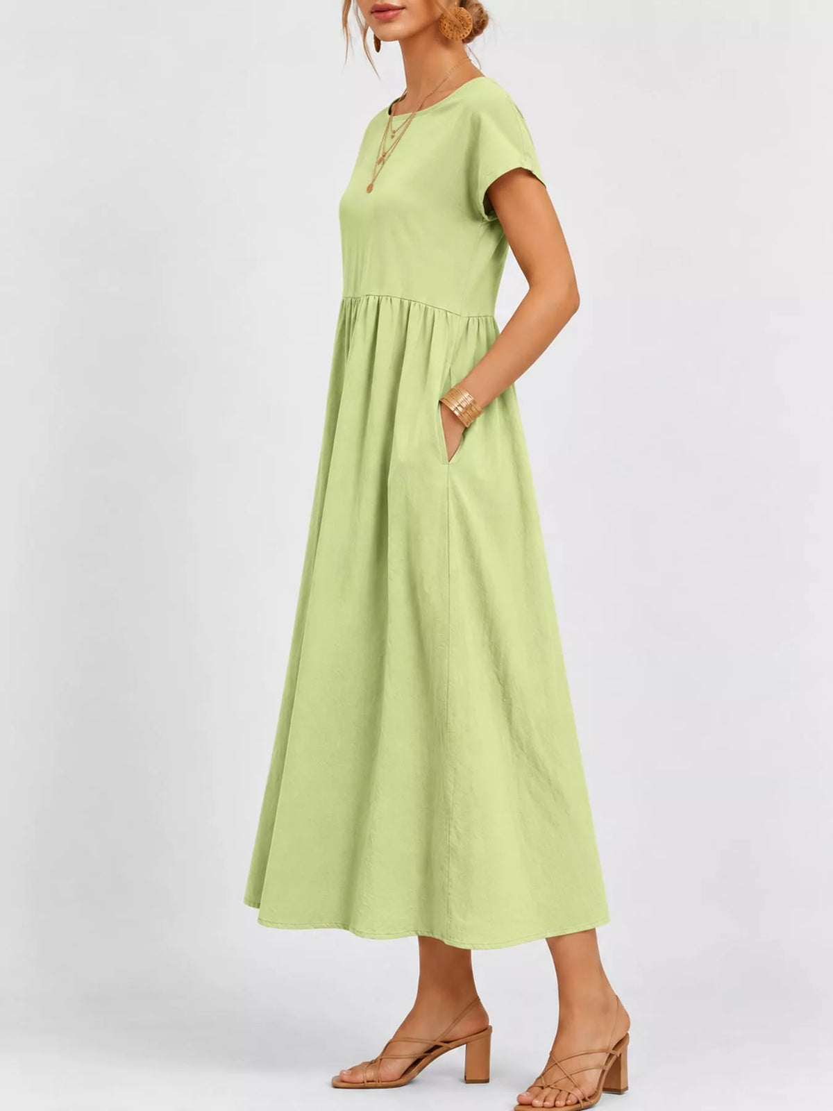 Round neck short sleeve midi dress, side view