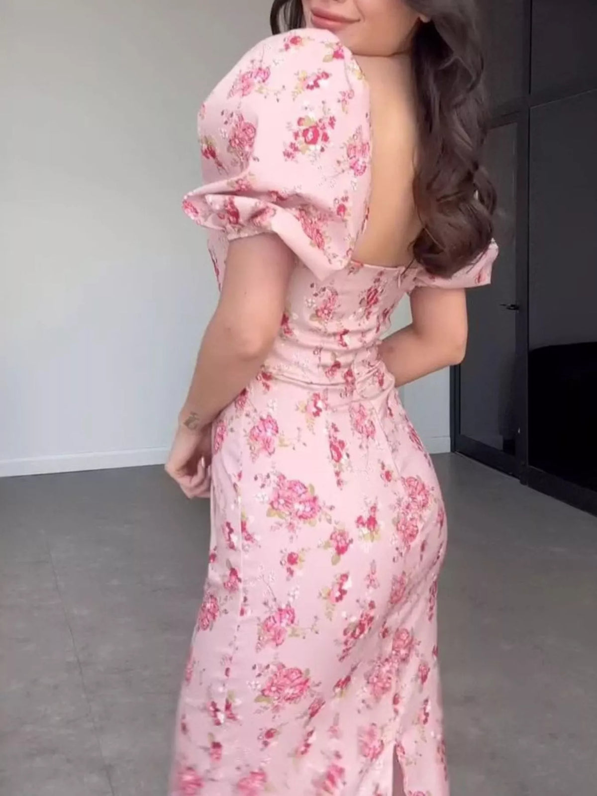 Trendsi Floral Puff Sleeve Ruched Midi Dress -