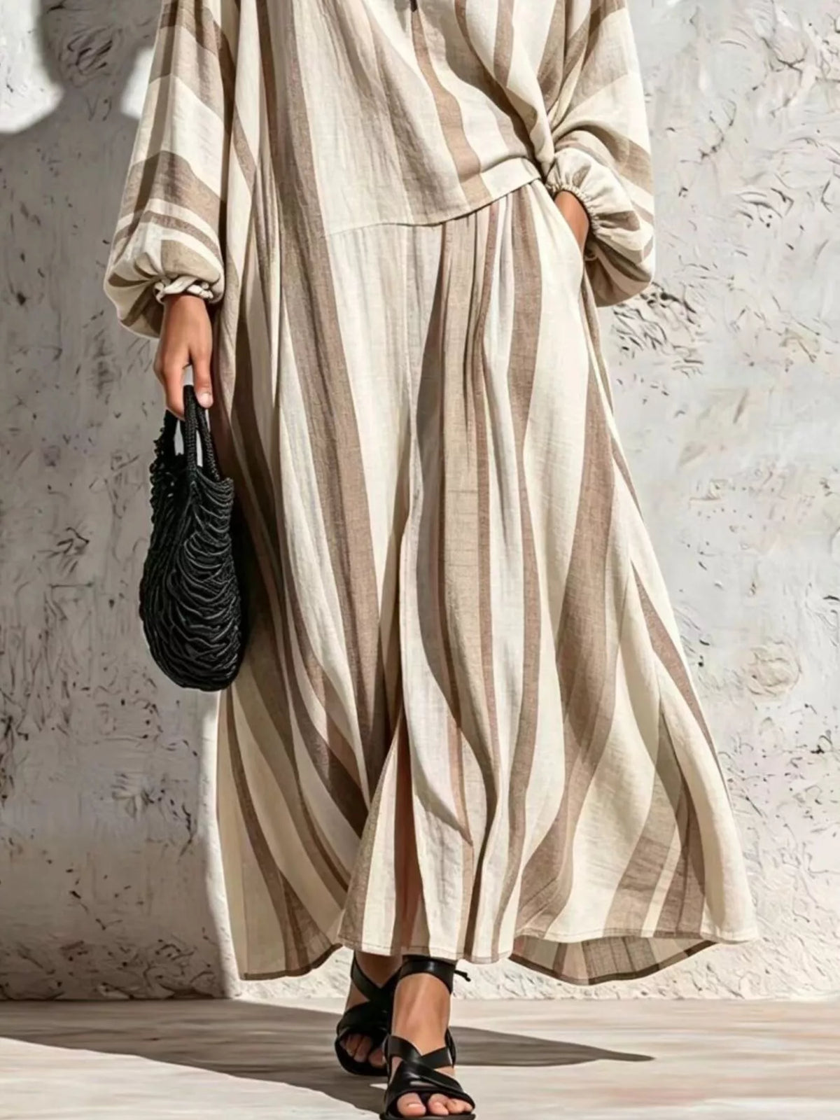 Cream and taupe striped v-neck top and wide-leg pants set, wide-leg pants detail.