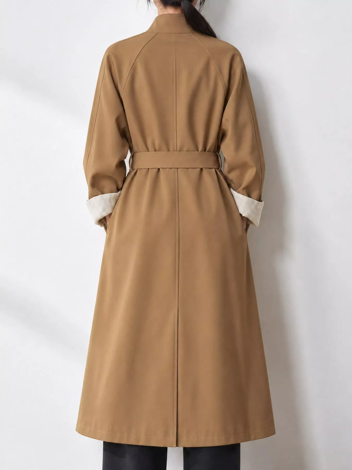 Asymmetric Button Longline Trench Coat, back view in camel