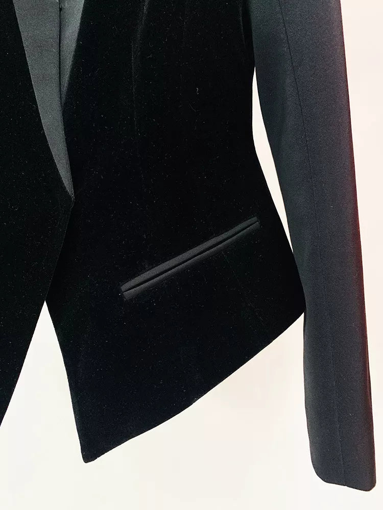 Black velvet-paneled blazer with stand-up collar, pointed hem and welt pocket