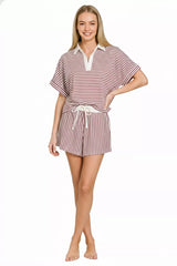 Trendsi Zenana Striped Collared Top & Shorts Set -