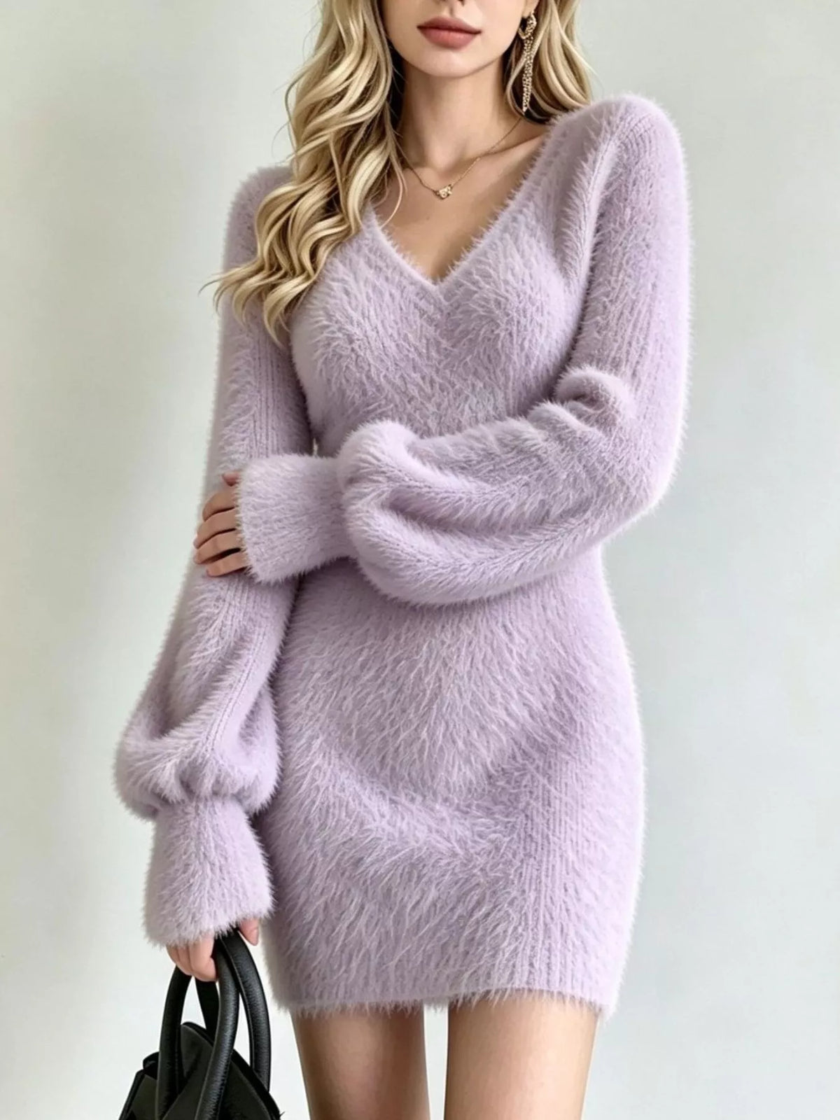 Fuzzy sweater dress, purple front