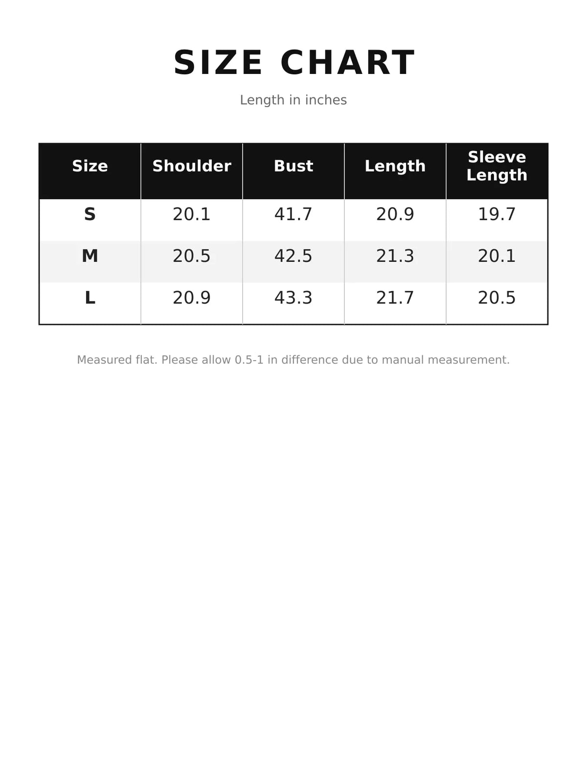 Size chart for turtleneck zip-up cardigan