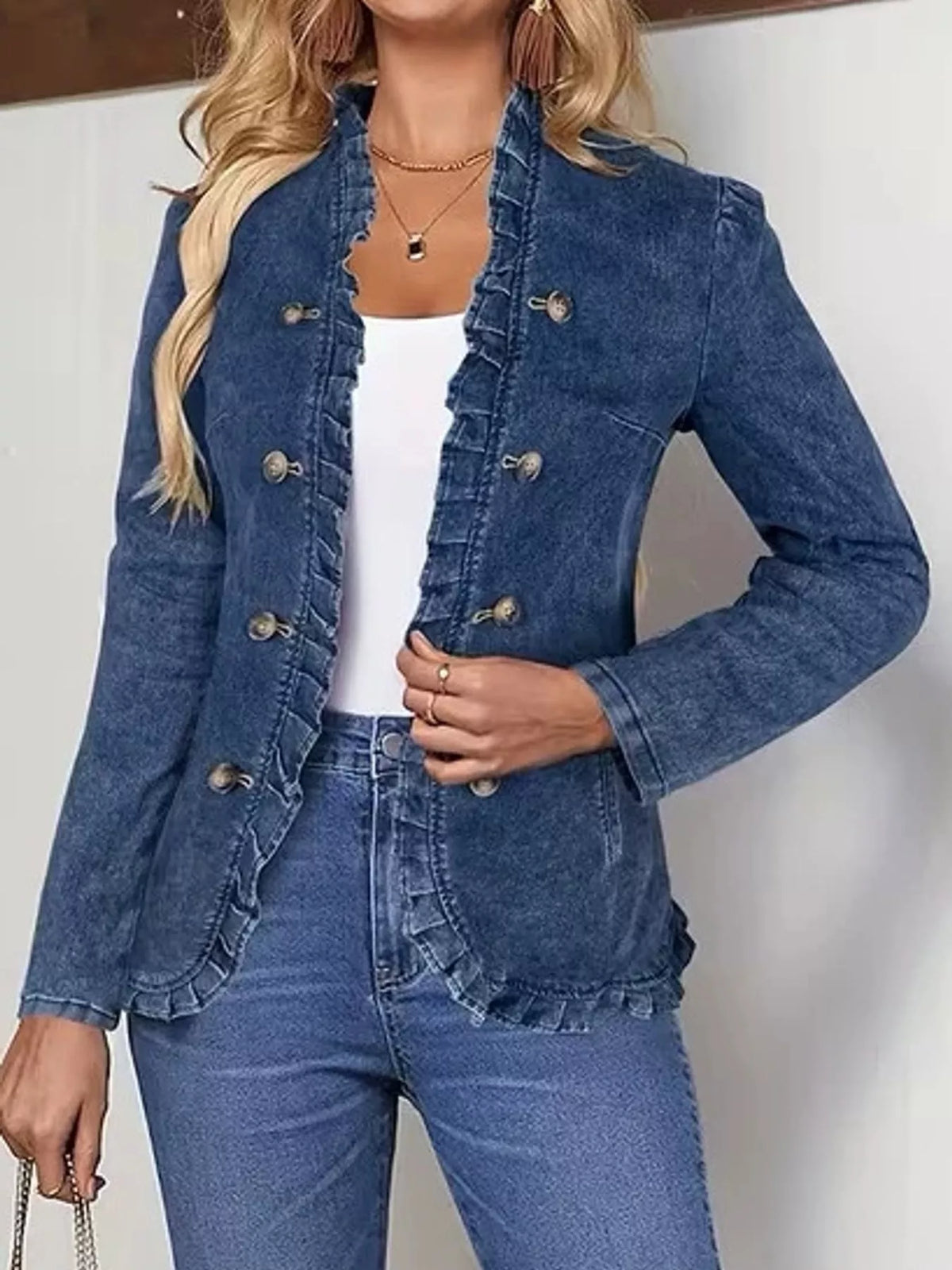 Ruffle Trim Double-Breasted Denim Jacket — front view