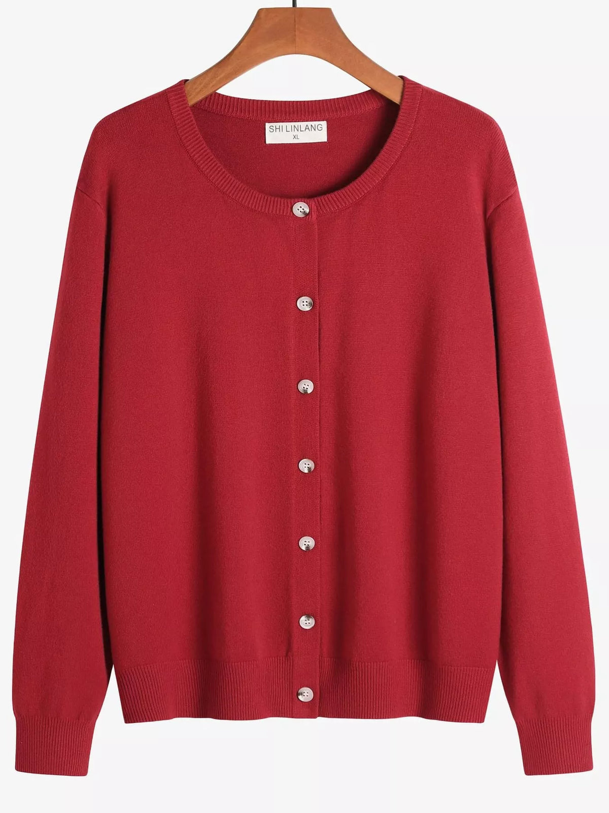 Red crew neck button down knit cardigan, front view
