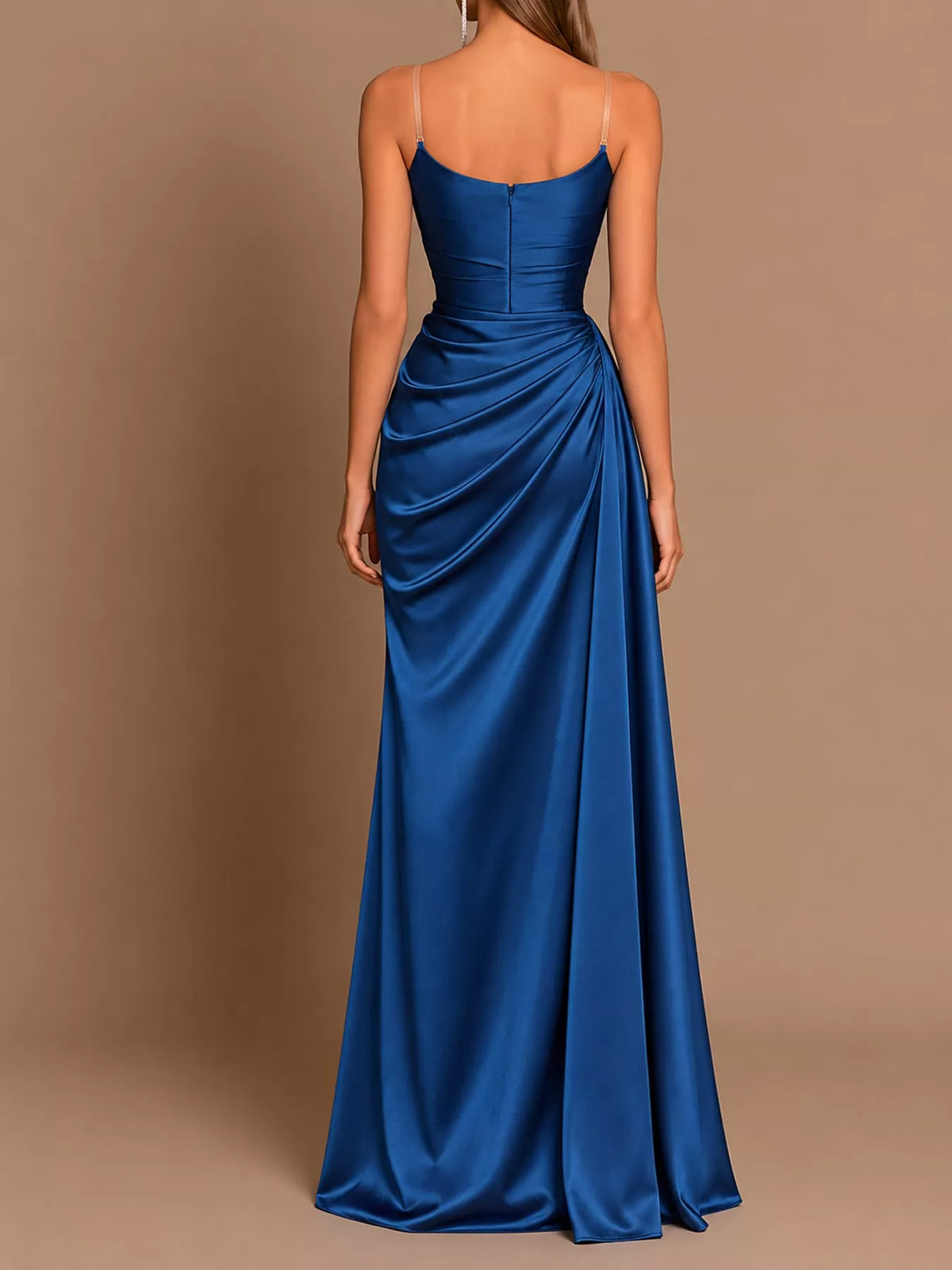 Blue satin cowl neck high slit evening maxi dress, back view