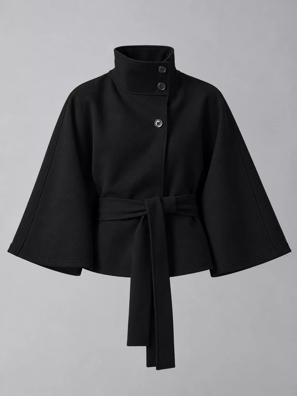Black belted button-front cape — front view