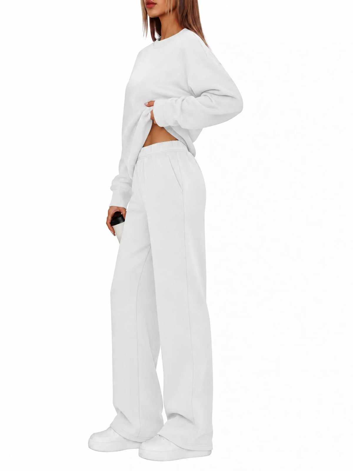 Crewneck Drop Shoulder Sweatshirt and Wide-Leg Pants Set — side view
