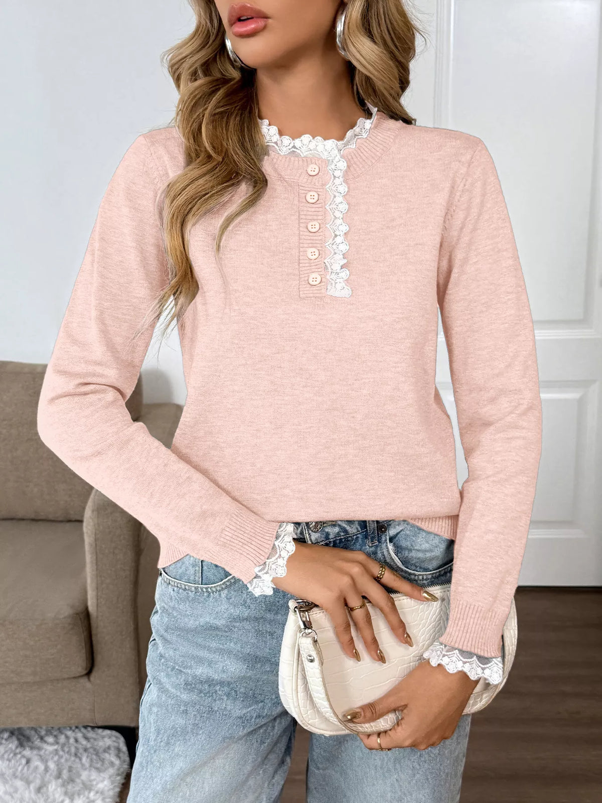 Pink lace-trim sweater with button-detail neckline