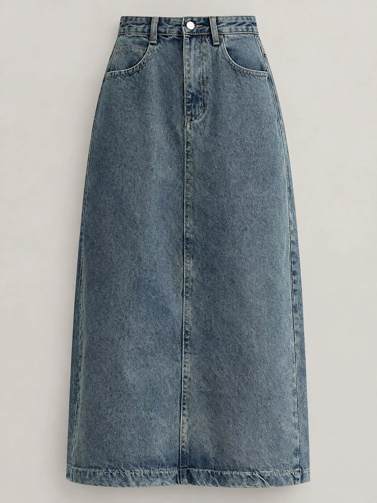 High-waisted denim midi skirt — light blue flat lay