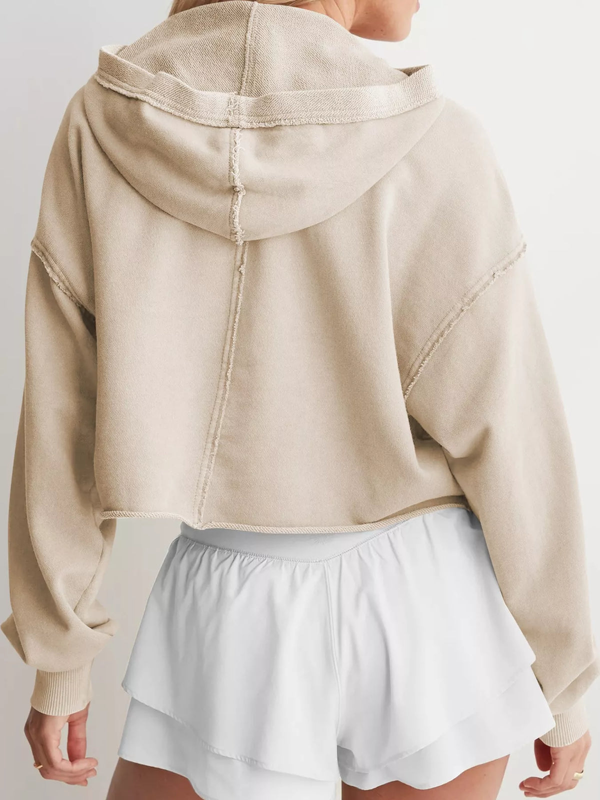 Apricot dropped shoulder cropped hoodie, back view