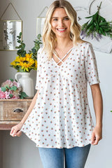 Trendsi Heimish Full Size Crisscross Ditsy Floral Babydoll Top Plus Size - Shirts