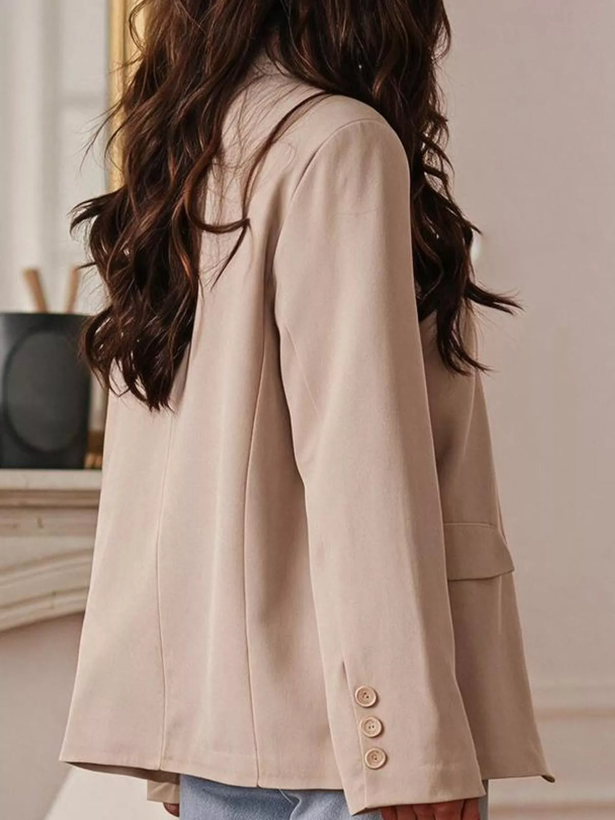 Asymmetric Button-Front Blazer, back view in taupe
