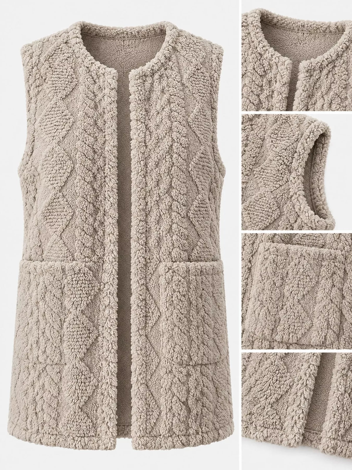 Taupe sherpa open front vest coat, open front, armhole, patch pocket, and textured panels