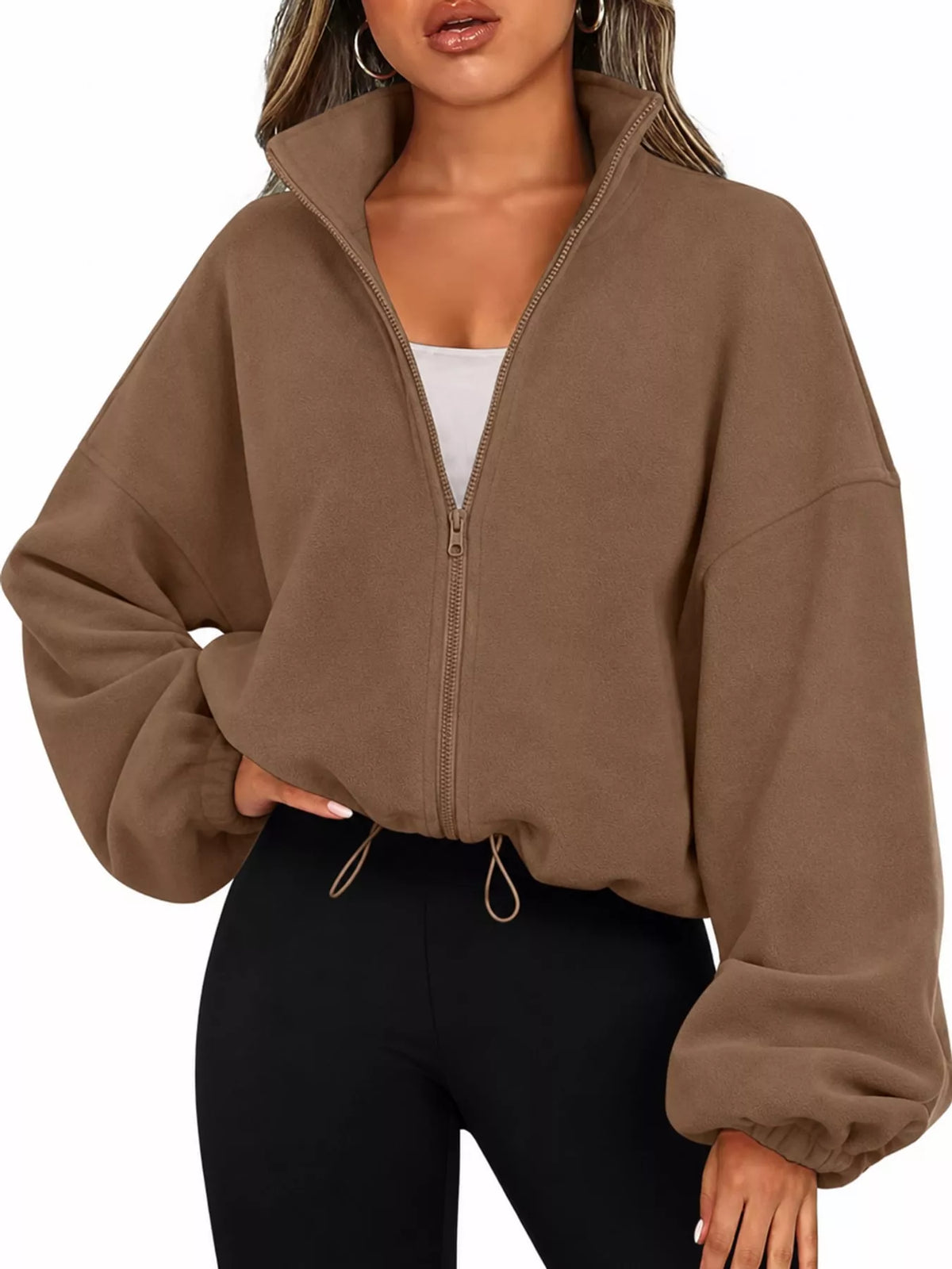 Taupe drawstring hem zip-up jacket