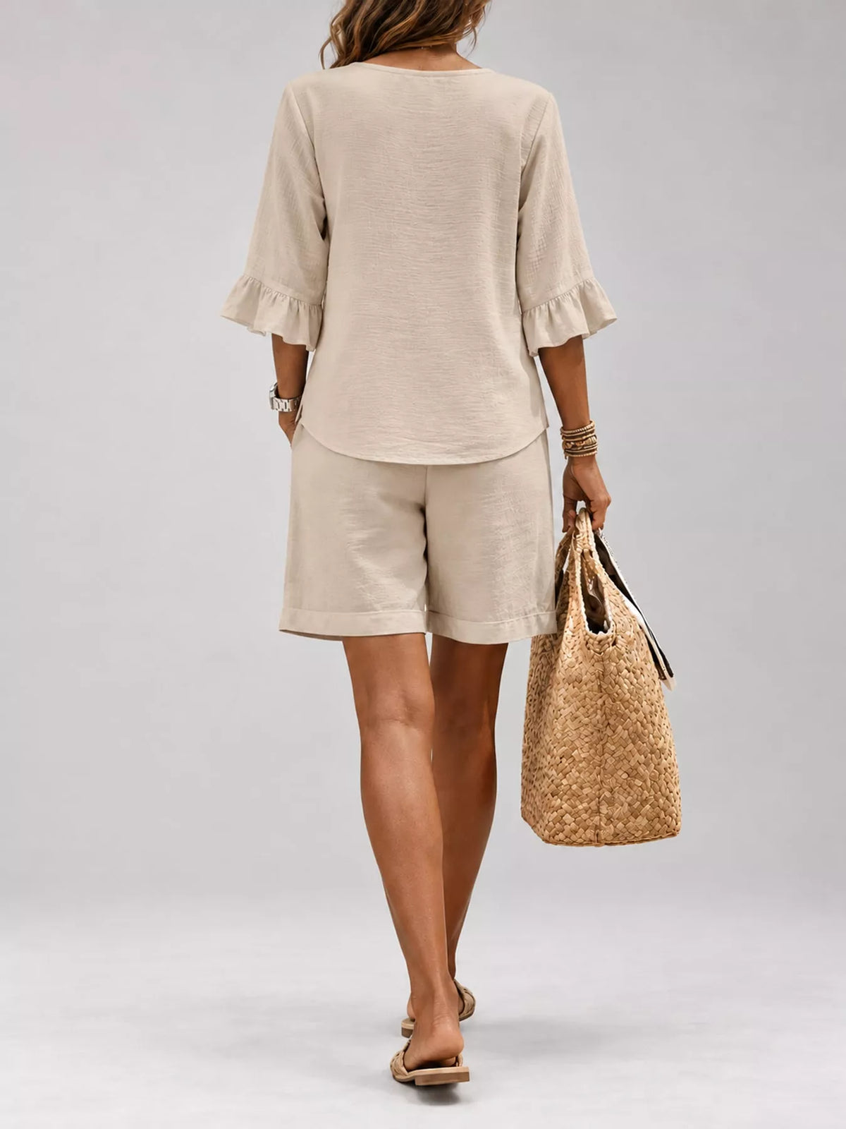 Decorative Button Blouse and Shorts Set, back view in beige