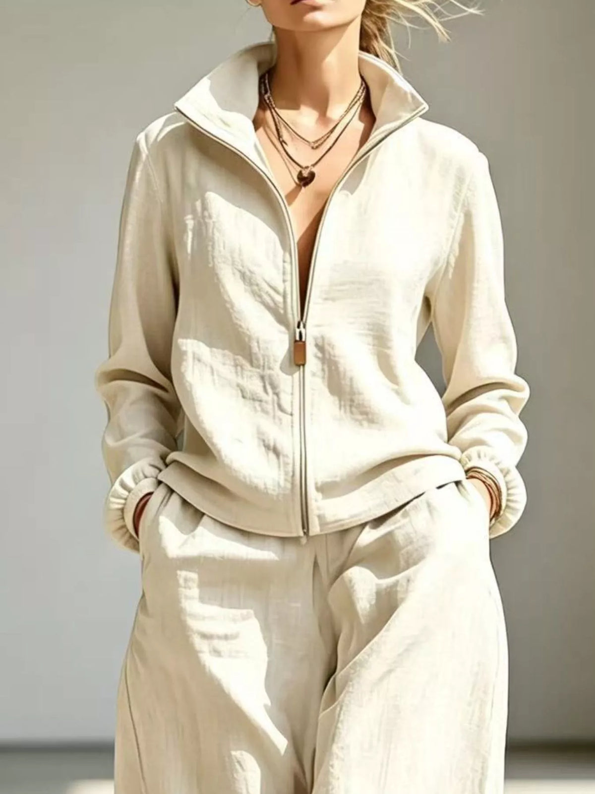 Jacket and pants set, cream jacket detail