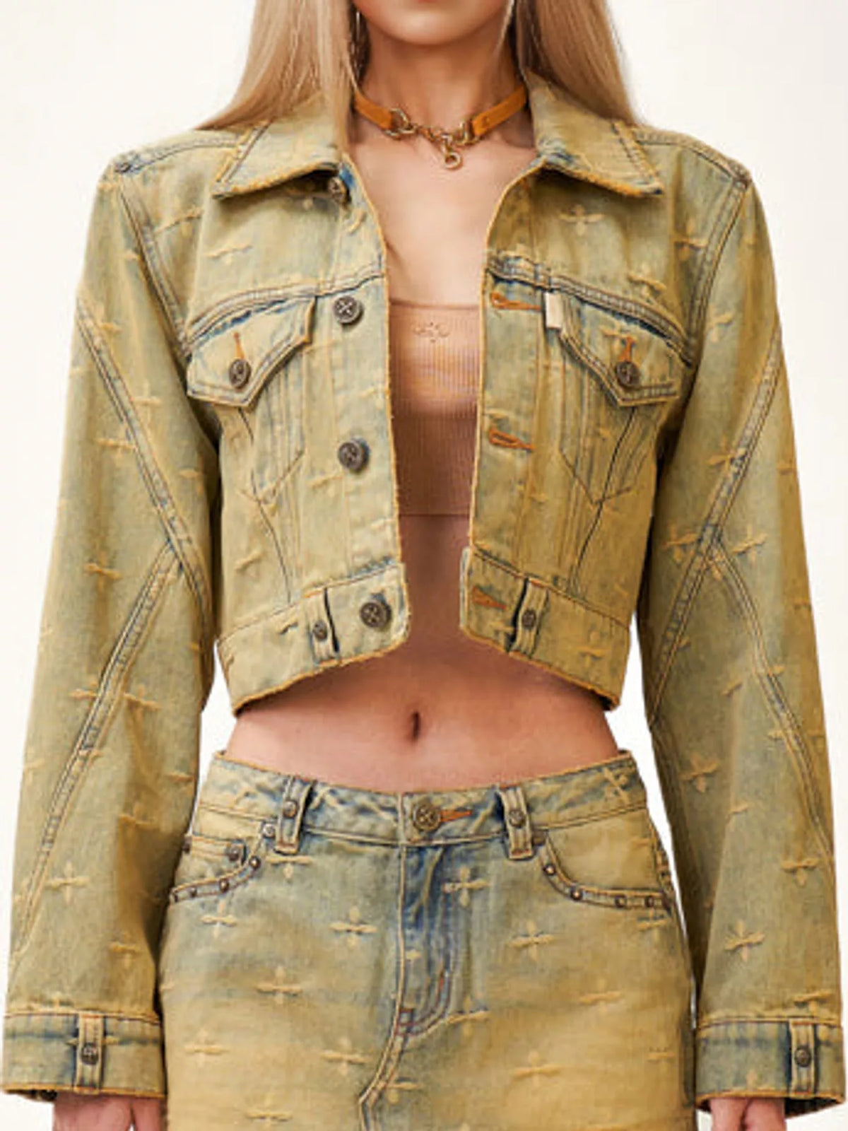 Cross Pattern Cropped Denim Jacket in aurora blue, front view