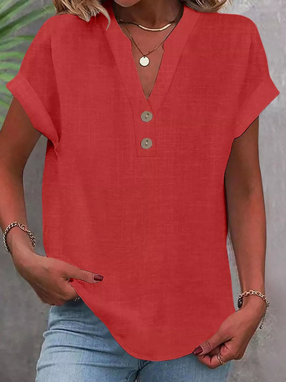 Red button detail short sleeve blouse, front view