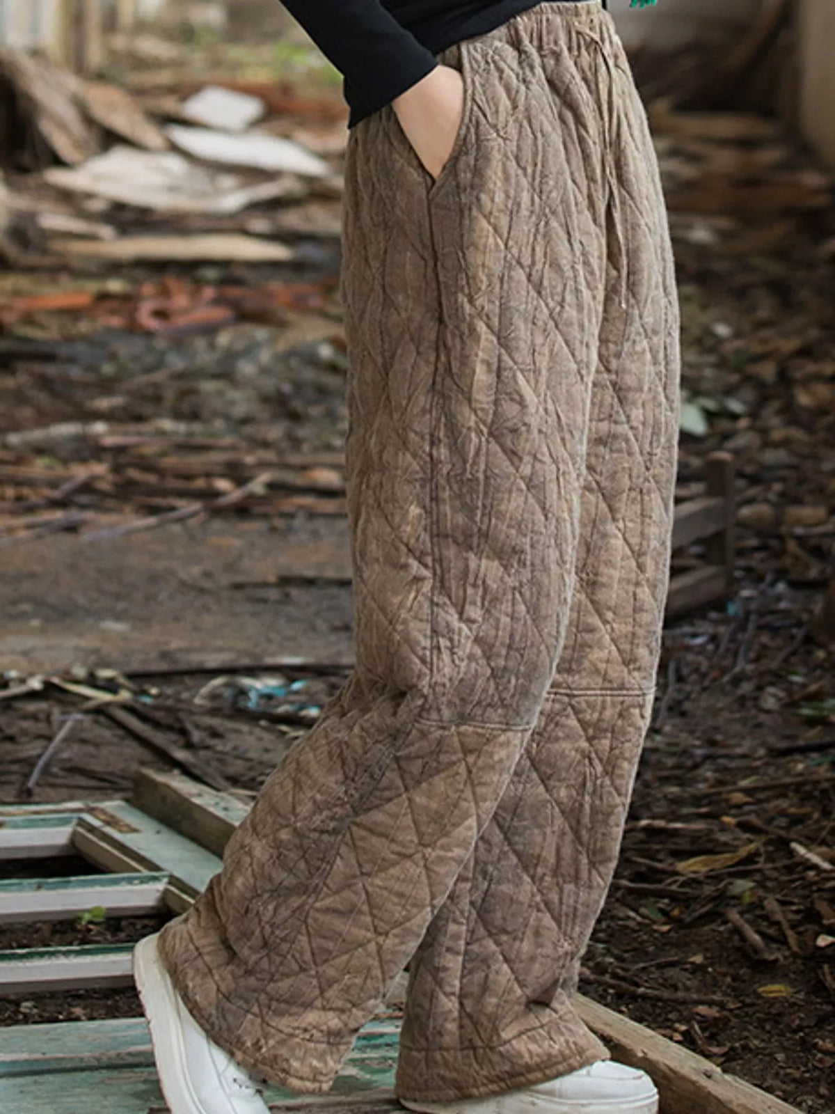 Brown quilted wide-leg pants, side view
