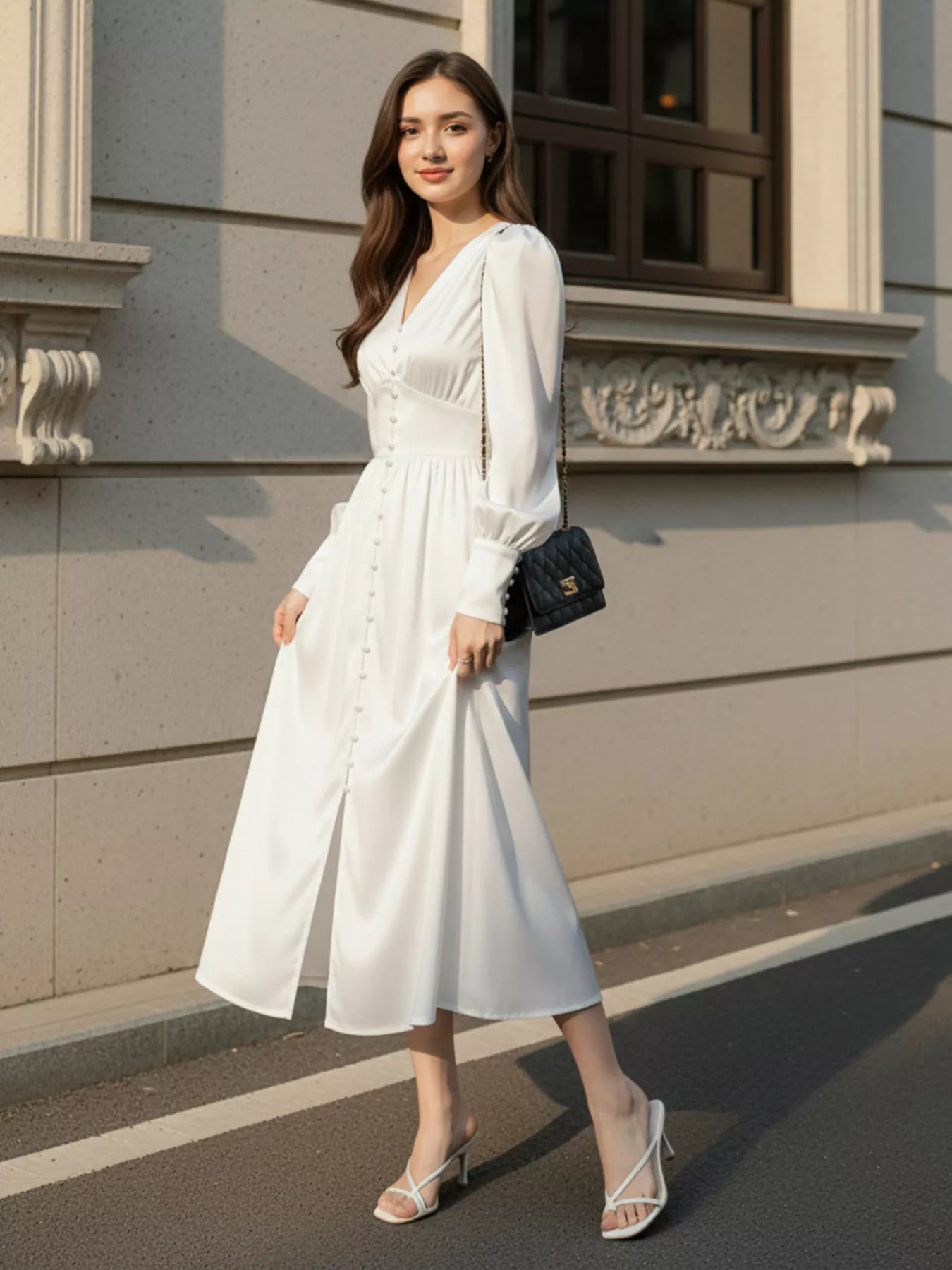 Trendsi V-Neck Lantern Sleeve Midi Dress -