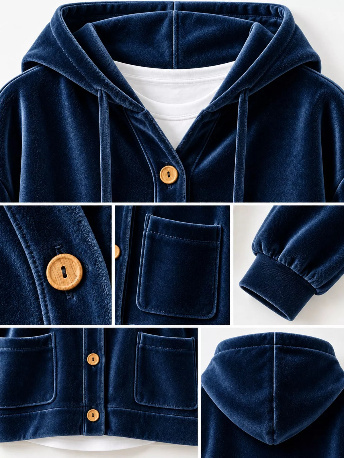 Navy blue velvet dropped shoulder hoodie, detail view