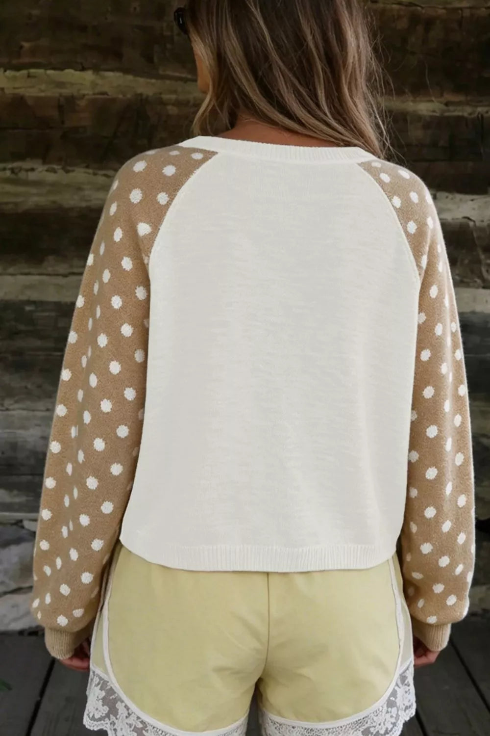 Trendsi Polka Dot Contrast Long Sleeve Button V Neck Sweater -