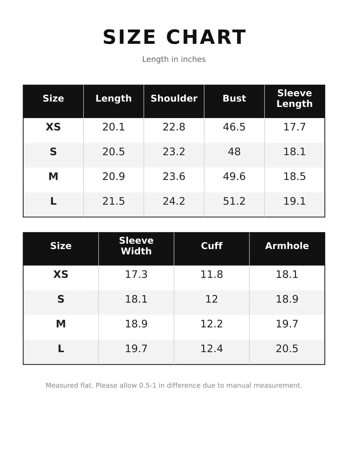 Size chart for polka dot zip-up jacket