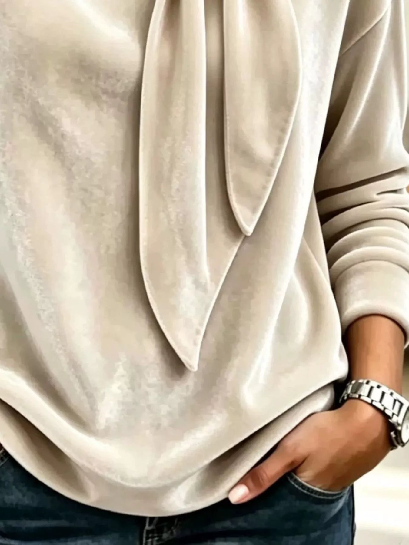 Trendsi Velvet Tie Front Long Sleeve Sweatshirt -