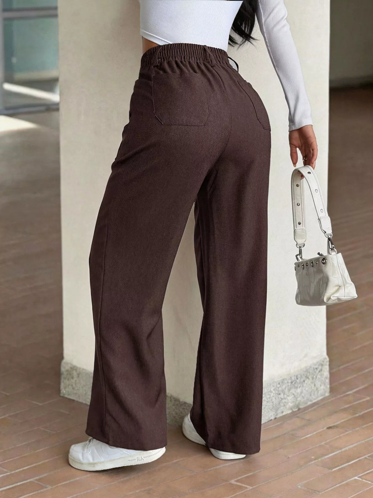 High-Waisted Wide-Leg Pants with Button Detail, back view