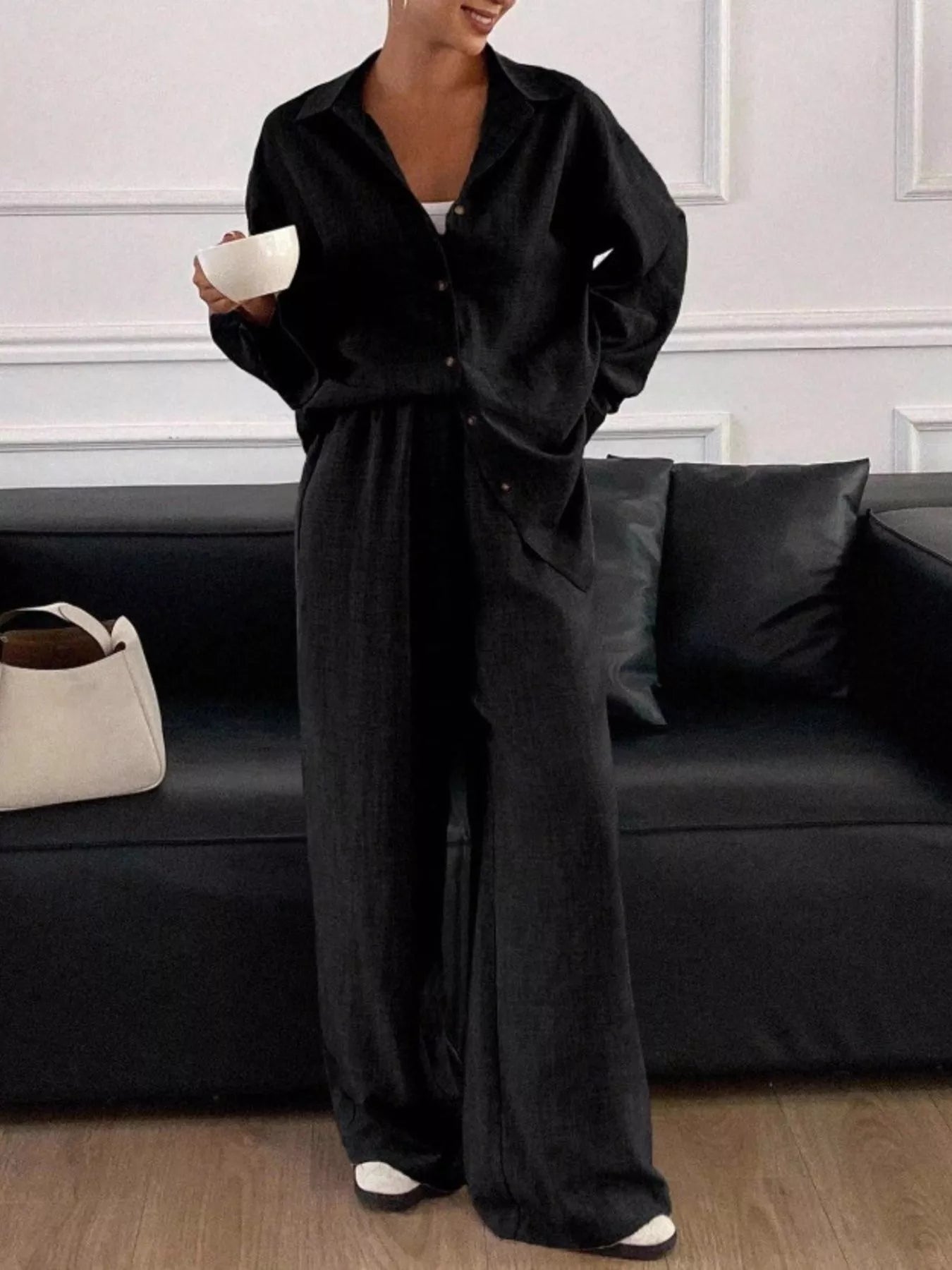 Trendsi Button Up Long Sleeve Shirt and Wide Leg Pants Set -