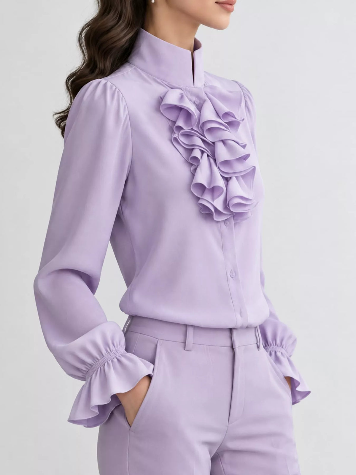 Ruffled Stand-Collar Blouse with Long Lantern Sleeves, side view