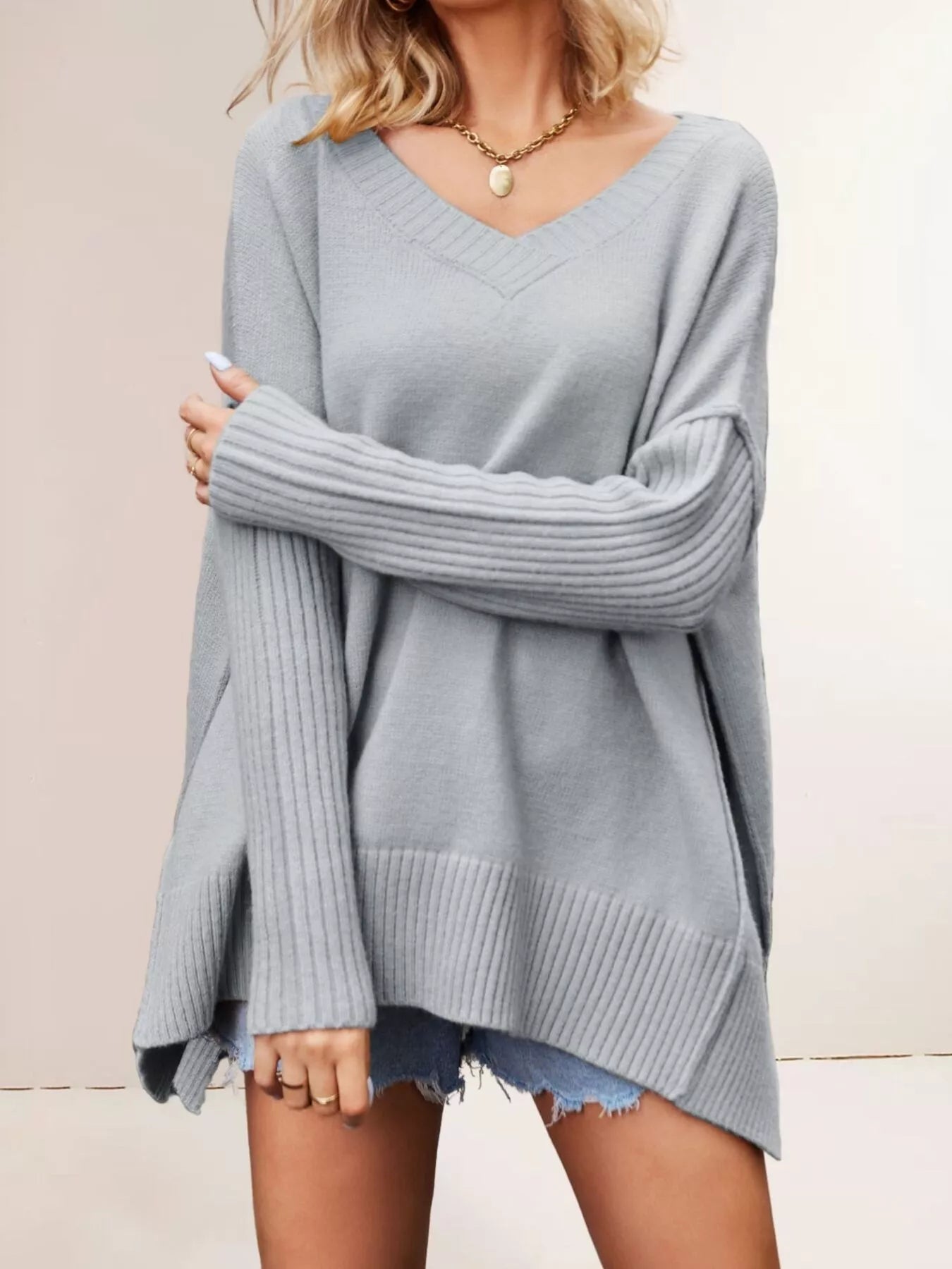 Trendsi V-Neck Ribbed Sleeve Sweater -