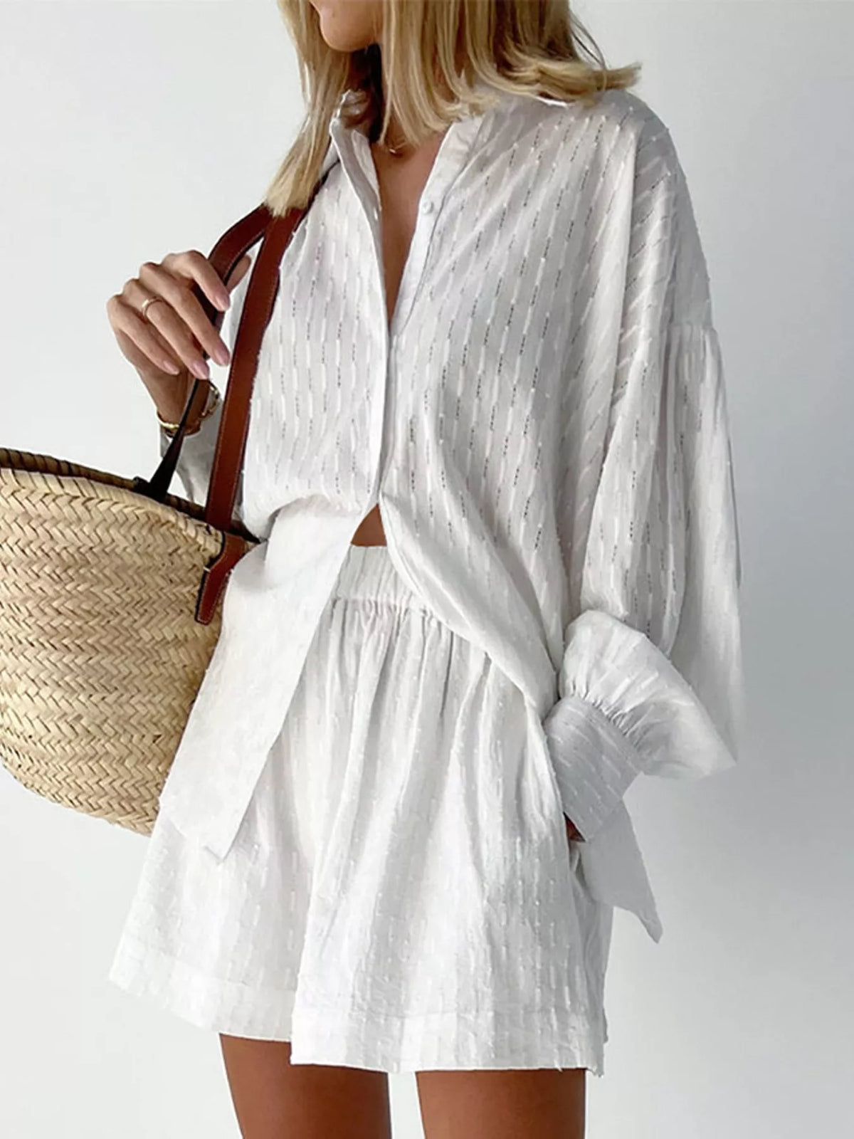 Women's Textured Button-Down Shirt and Shorts Set in white — front view