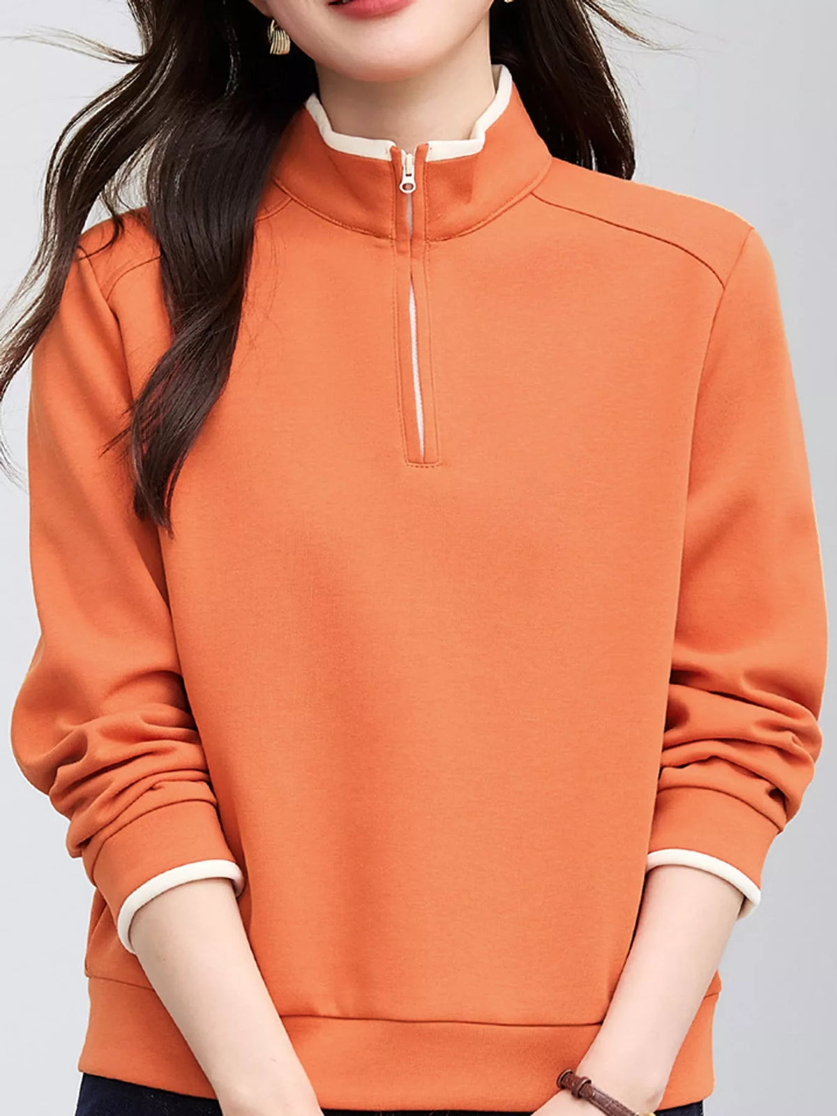 Quarter-Zip Sweatshirt with Contrast Collar, detail view in orange