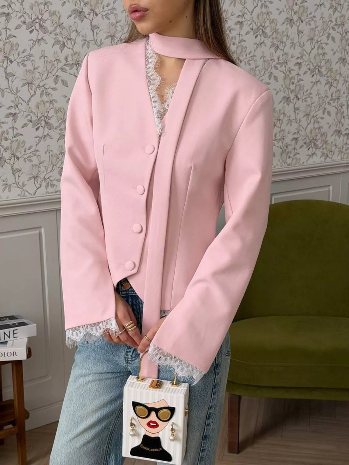 Trendsi Lace Trim Button Up Blazer -