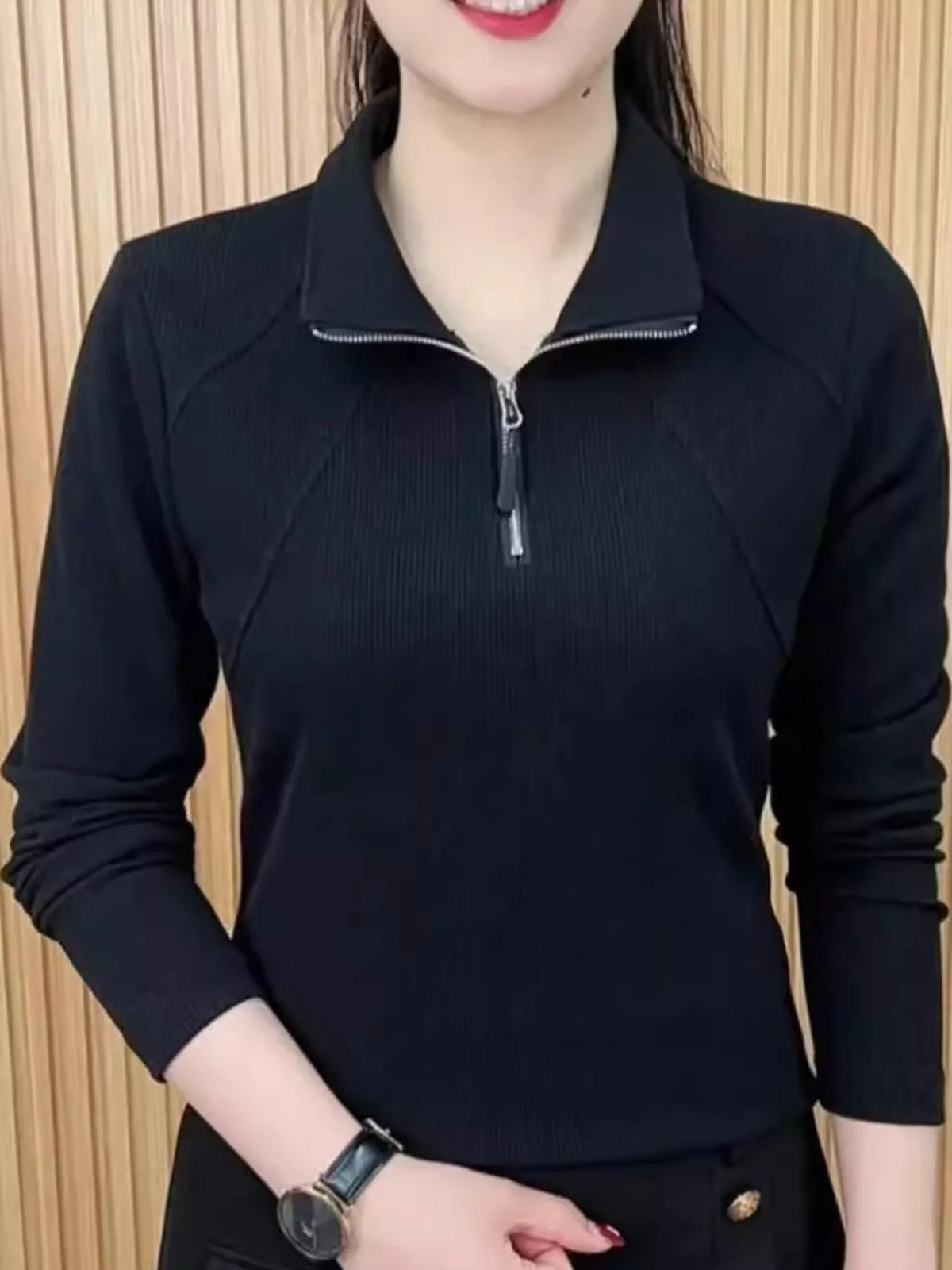Quarter-zip ribbed top, black front