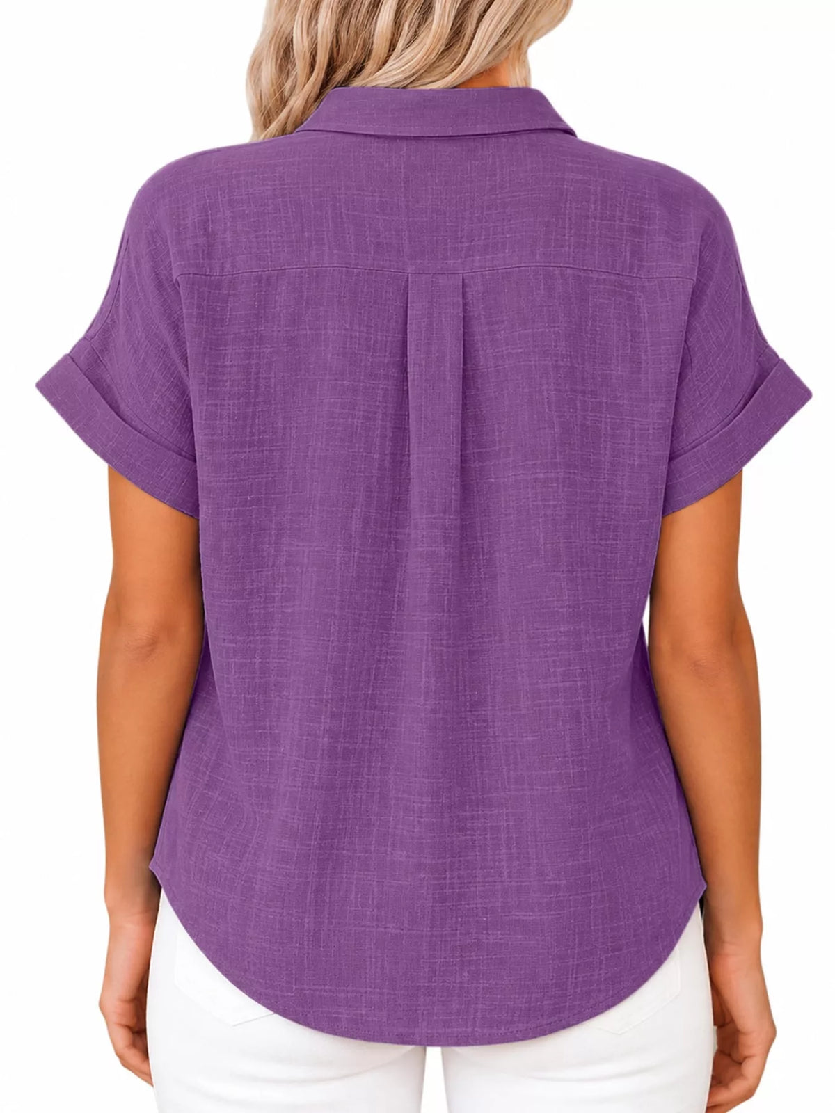 Women's Button Up Short Sleeve Shirt in purple — back view