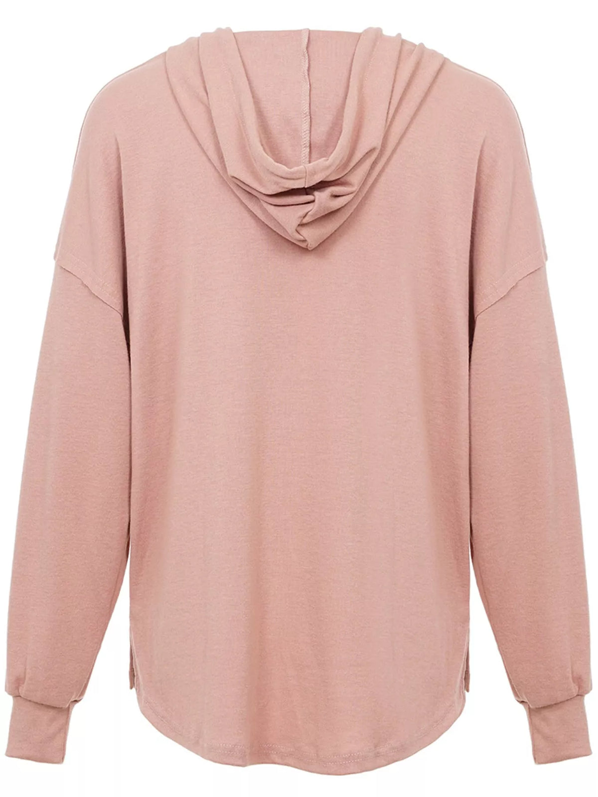 Women's Button Placket Drawstring Dropped Shoulder Hoodie in pink — flat lay view