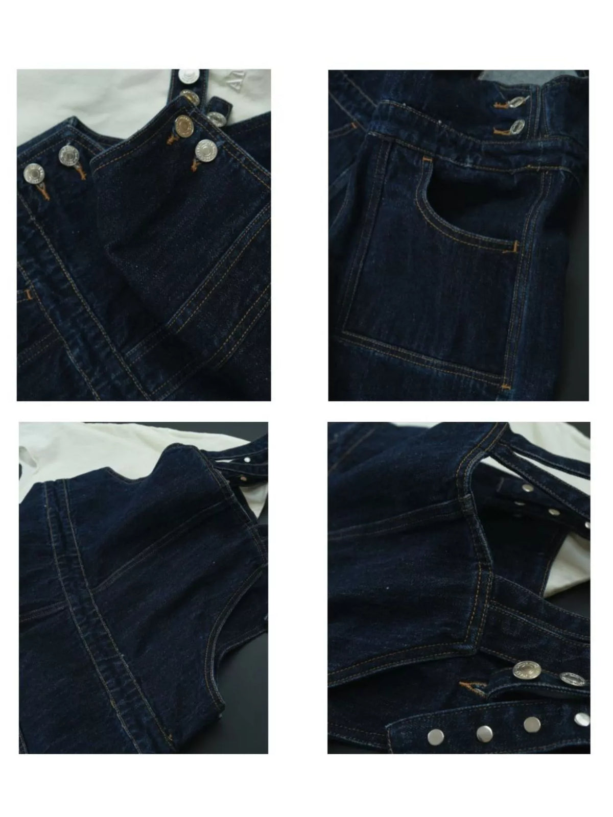 Women's Vintage Dark Wash Wide-Leg Denim Overalls in dark blue — detail collage view