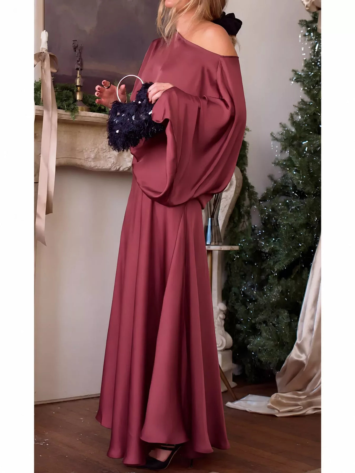 Burgundy satin cape sleeve maxi dress, side view