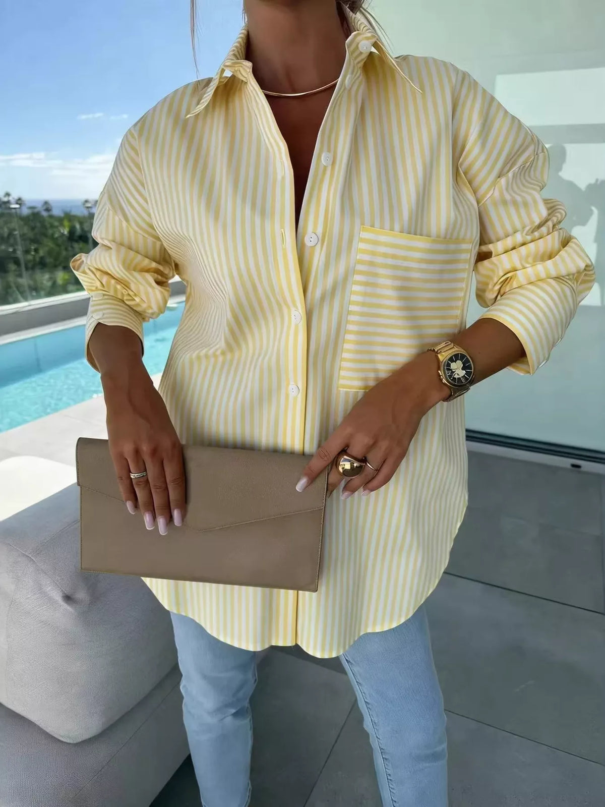 Trendsi Striped Button Up Long Sleeve Shirt -