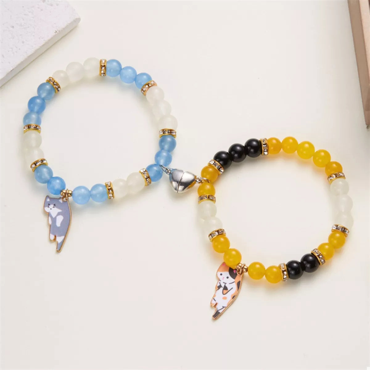 Trendsi 2 Piece Beaded Cat Charm Bracelet -