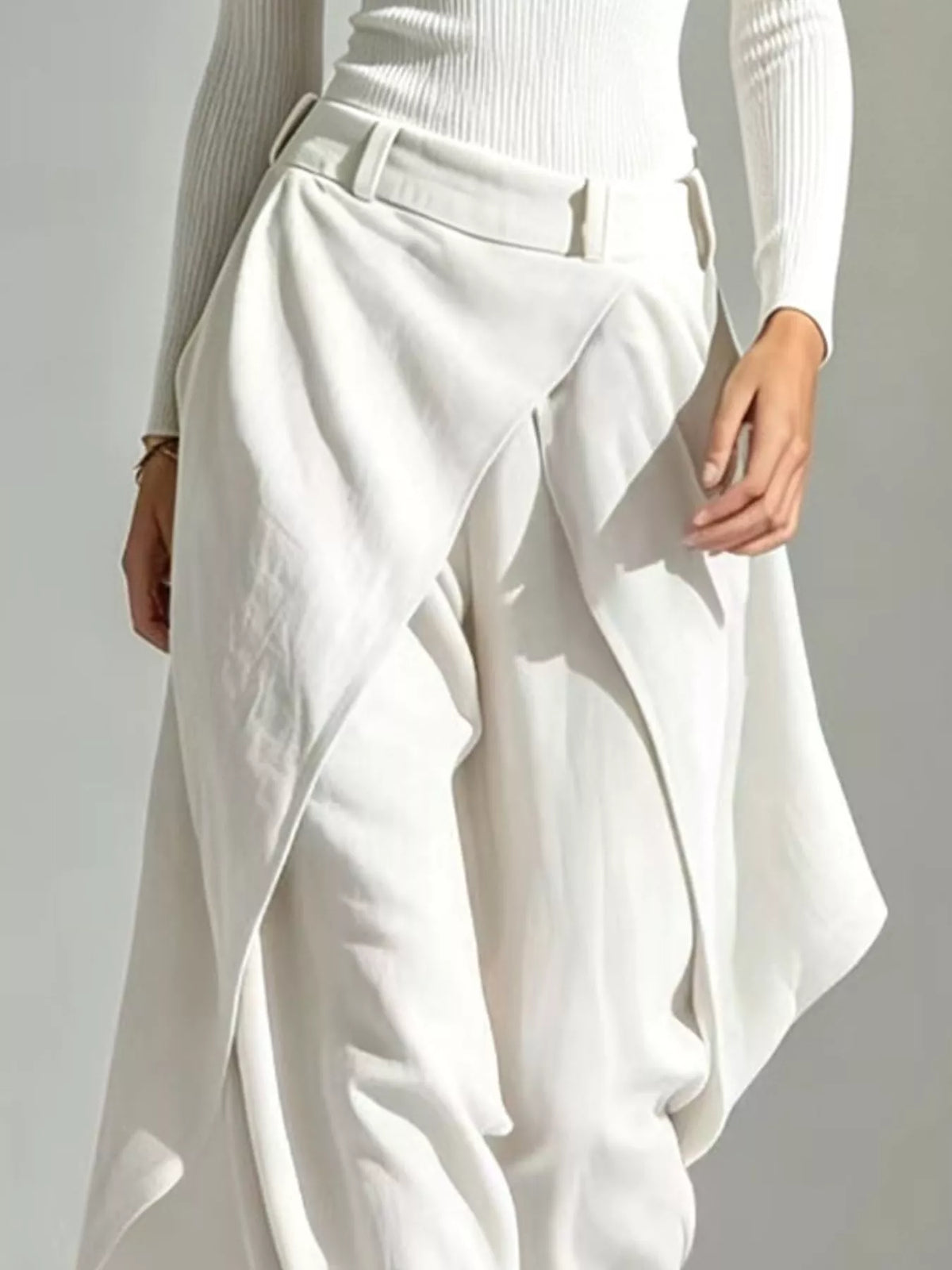 White boat neck long sleeve top and wrap pants set — design and construction details