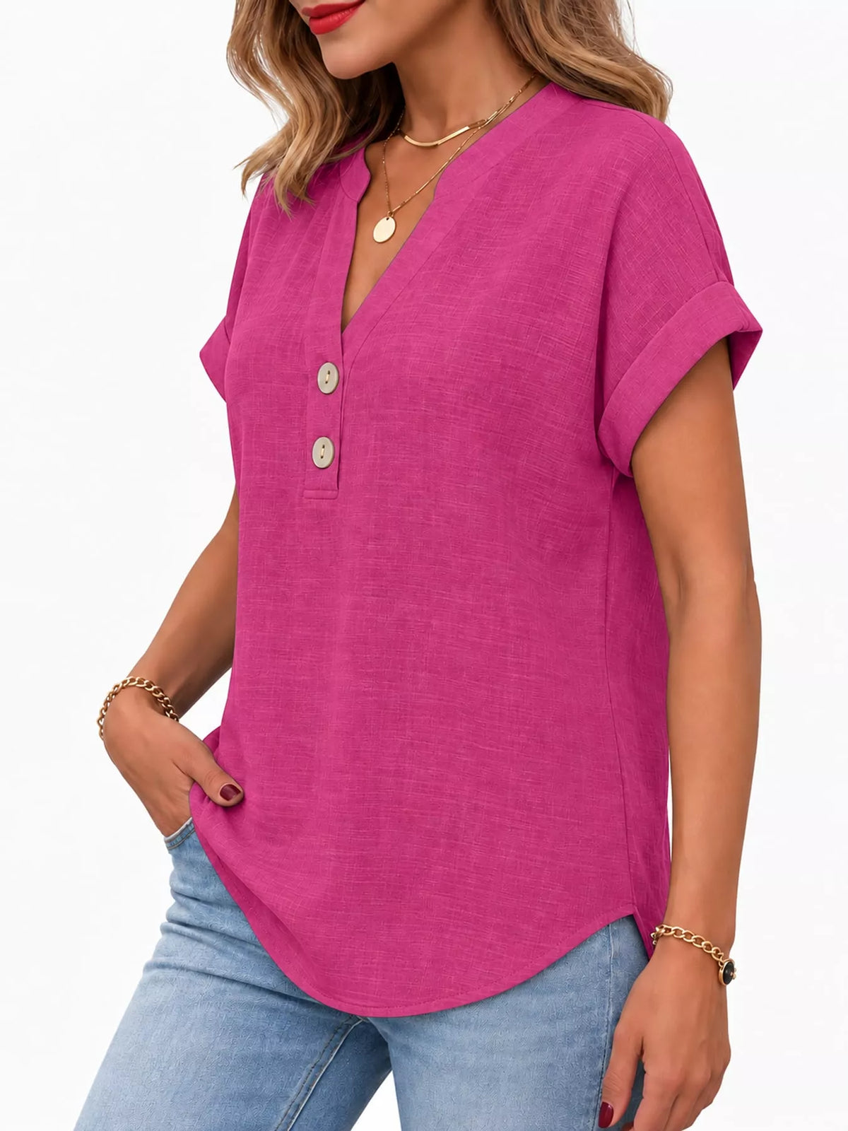 Fuchsia button detail short sleeve blouse, side view